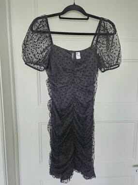 Divided Black Dot Mesh Ruched Puff-Sleeve Mini Dress